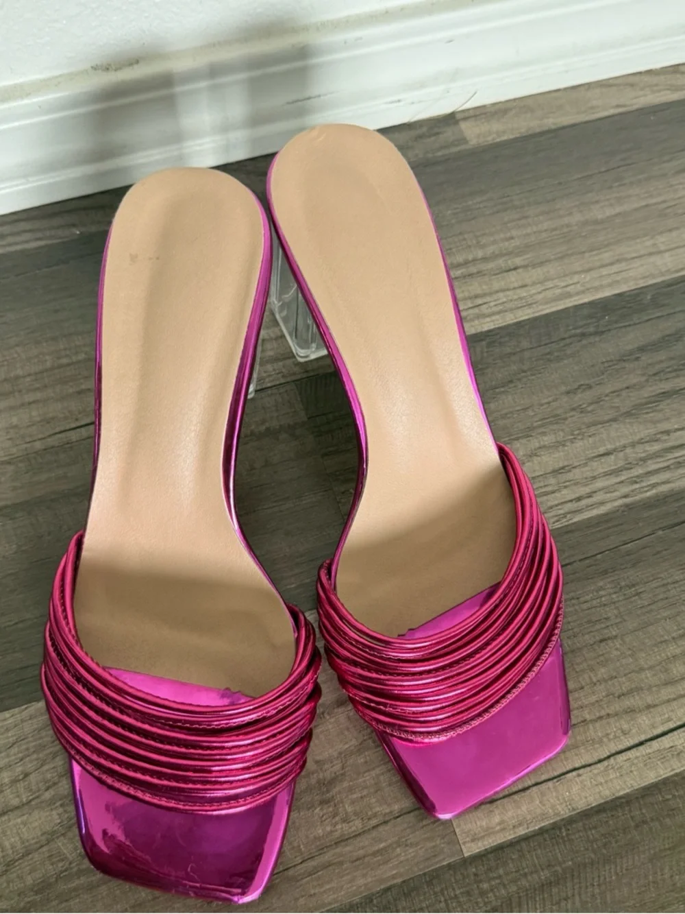 SHEIN Metallic Hot Pink Ruched Square-Toe Slide Mules - Picture 5 of 11